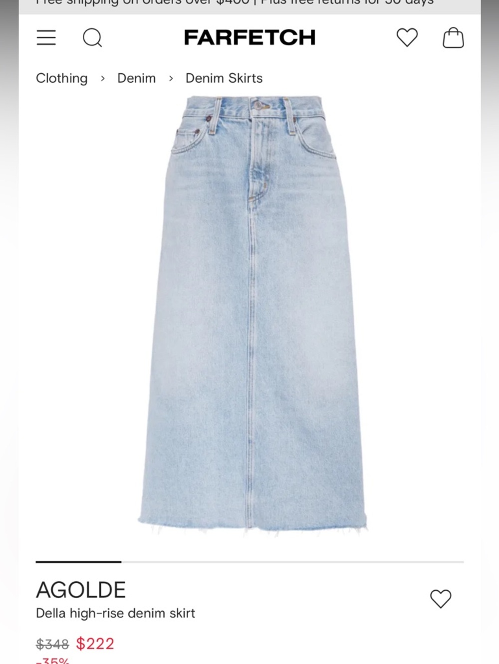 Agolde Della Light Blue Denim Midi Skirt in size 25 waist